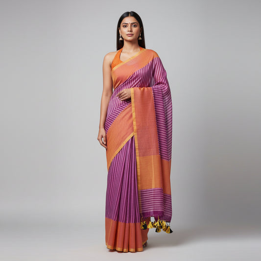 Purple Striped Mul Cotton Workwear Saree