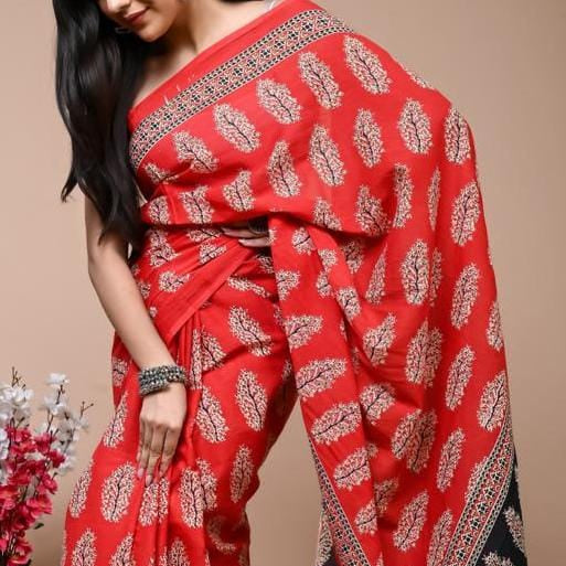 Red Handblock Mul Cotton Workwear Saree
