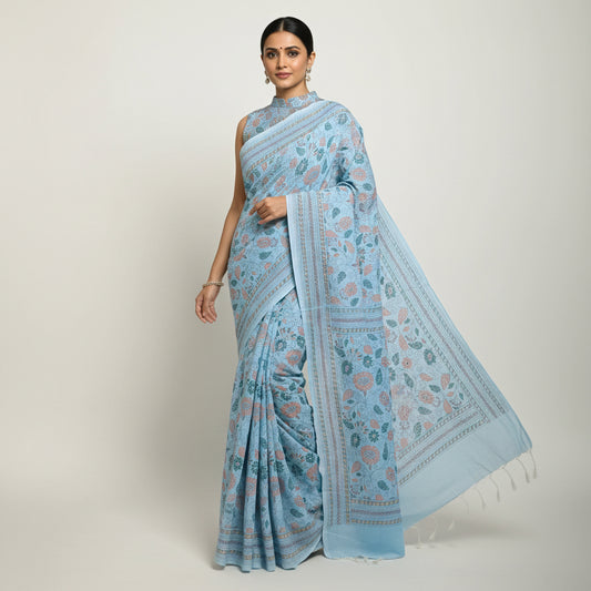 Sky Blue Kantha Print Saree
