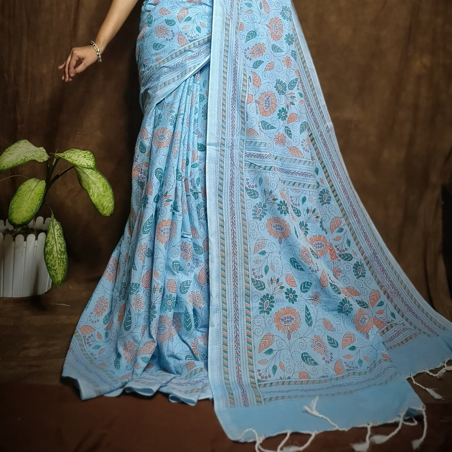 Sky Blue Kantha Print Saree