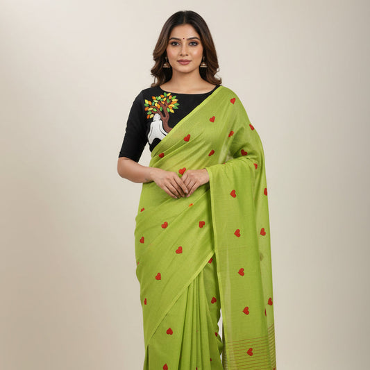 Green Heart Print Khadi Saree