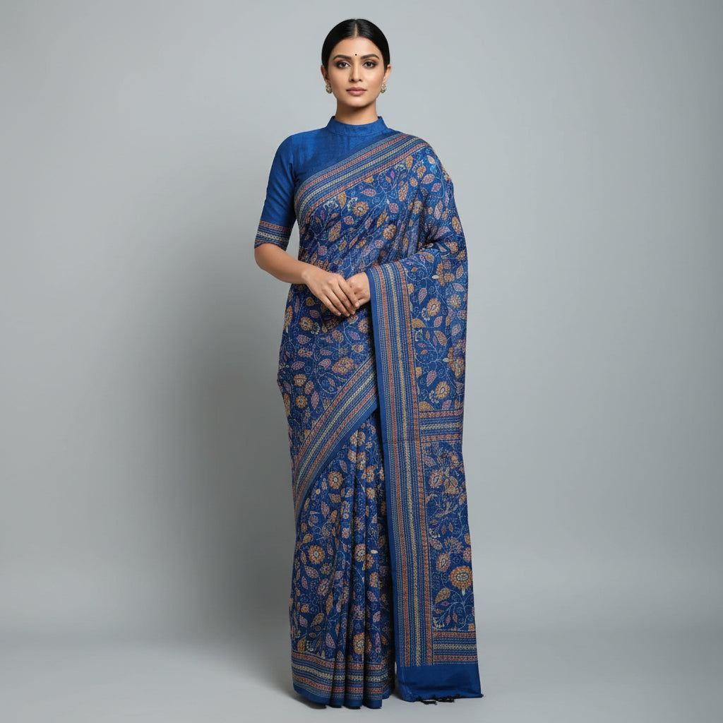 Blue Kantha Print Saree