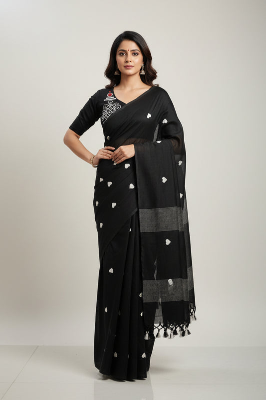 Black Heart Print Khadi Saree