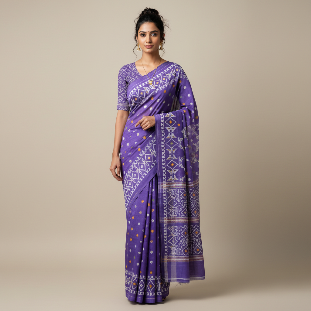 Purple cotton saree with white geometric border patterns and small multicolor floral prints, laid flat on a light beige tiled floor.