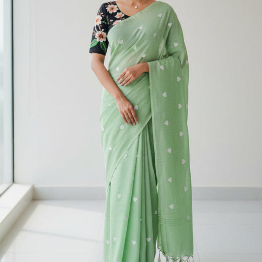 Pastel Green Heart Print Khadi Saree