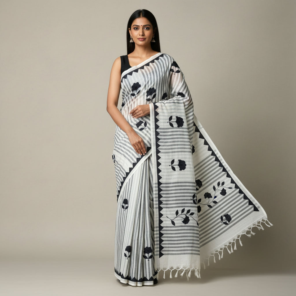 White fabric with black floral patterns and fringe on a wooden frame.