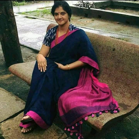 Navy-Blue Plain Linen Workwear Saree