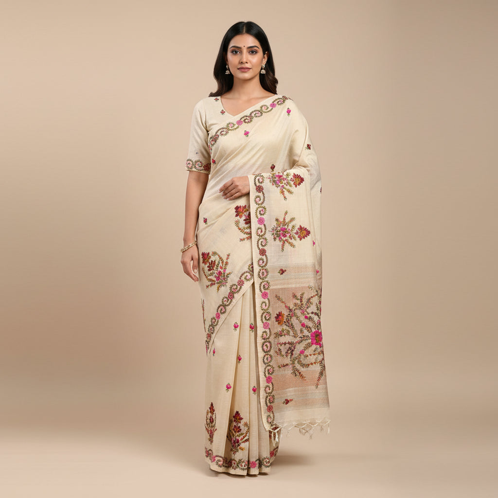 Ivory Jute Tussar Saree