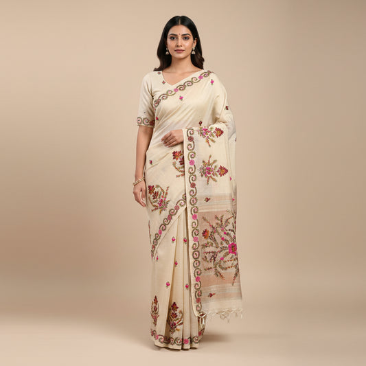 Ivory Jute Tussar Saree