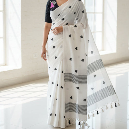 White Heart Print Khadi Saree