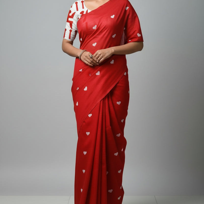 Red Heart Print Khadi Saree