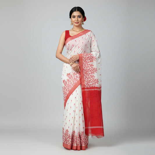Ivory-Red Cotton Jamdani Saree