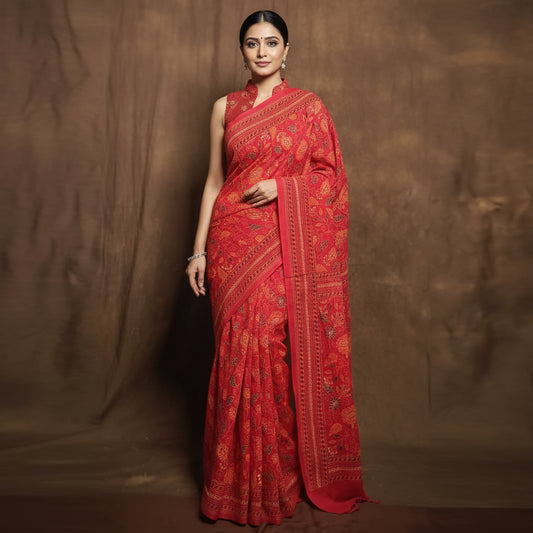 Red Kantha Print Saree