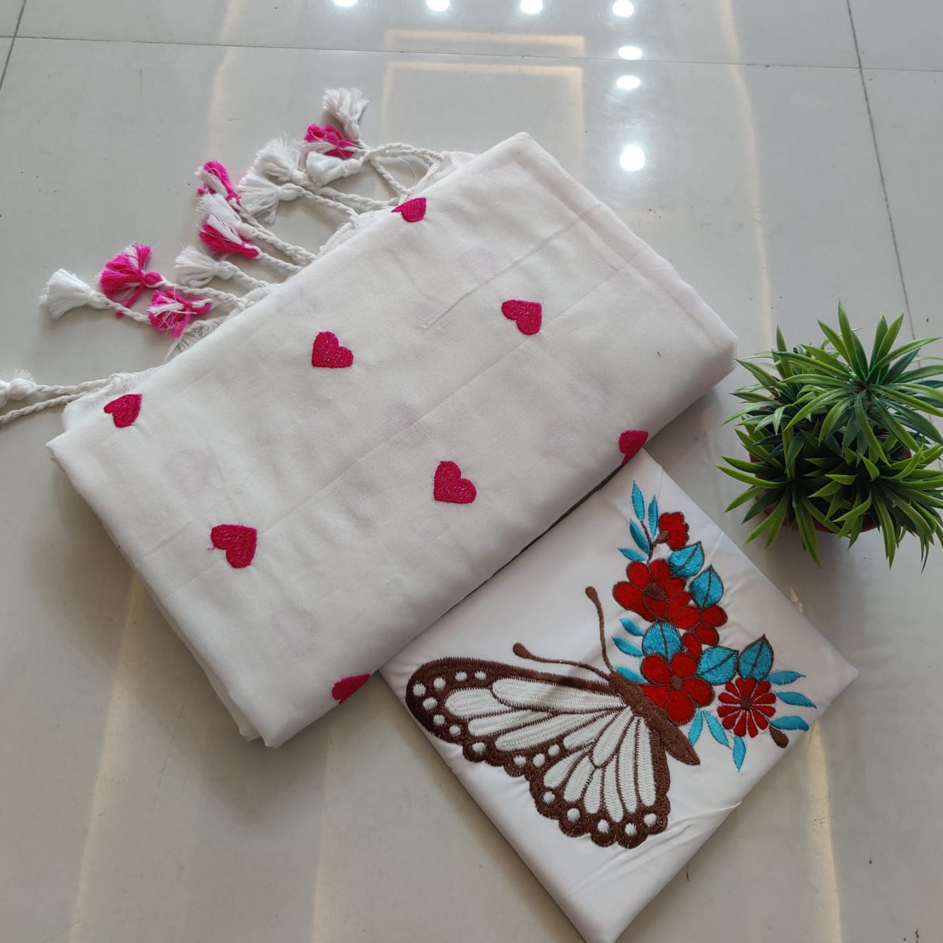 White Heart Print Khadi Saree