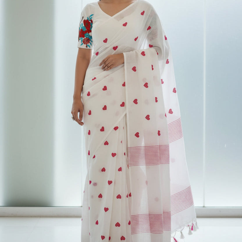 White Heart Print Khadi Saree