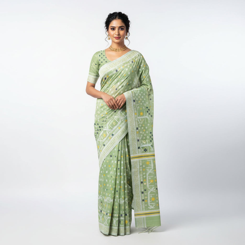 A folded light green fabric set with white and yellow printed patterns, laid flat on a light tiled floor. The set includes a main textile, a matching rectangular piece, and a smaller matching piece.
