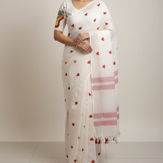 White Heart Print Khadi Saree