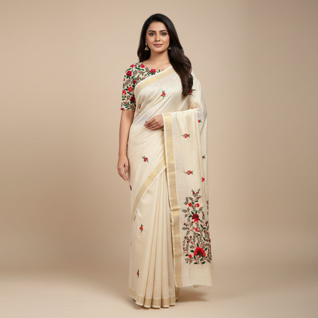 Ivory Jute Tussar Hand-Embroidery Saree