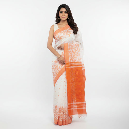Orange-white Cotton Jamdani Saree