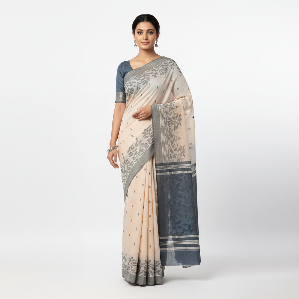 White-Black Cotton Jamdani Saree