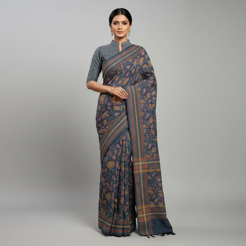 Grey Kantha Print Saree