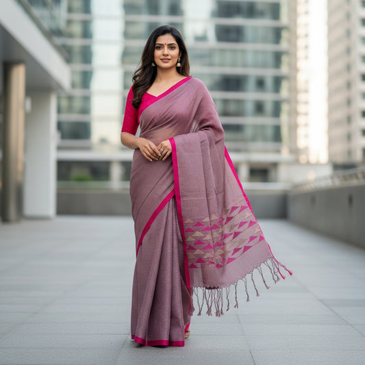 Purple-Pink Striped Cotton saree