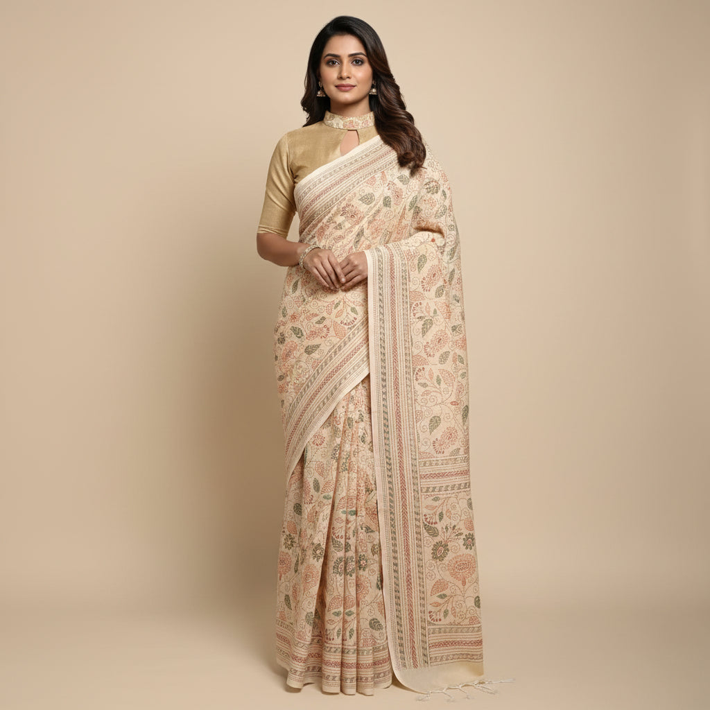 Beige Kantha Print Saree