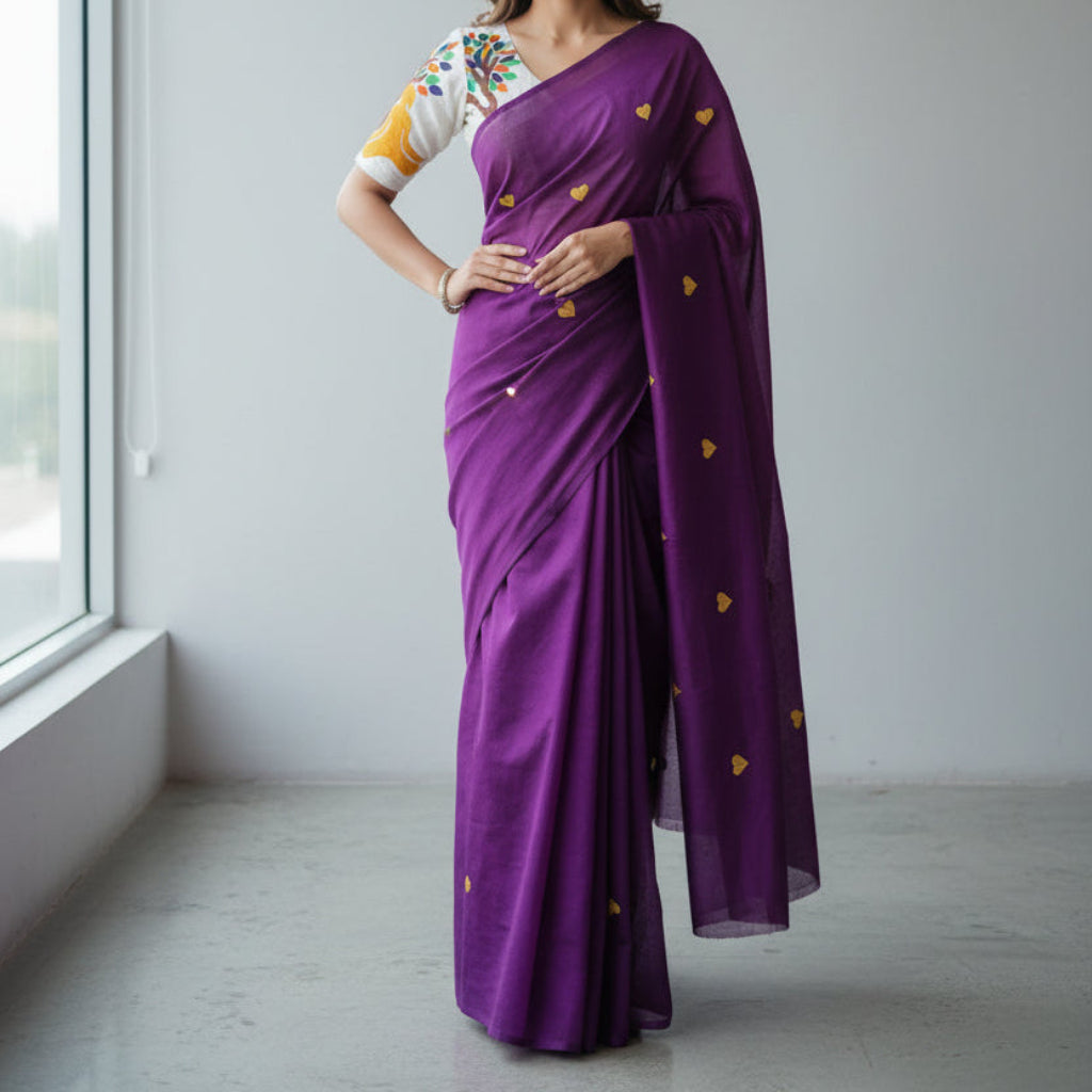 Purple Heart Print Khadi Saree