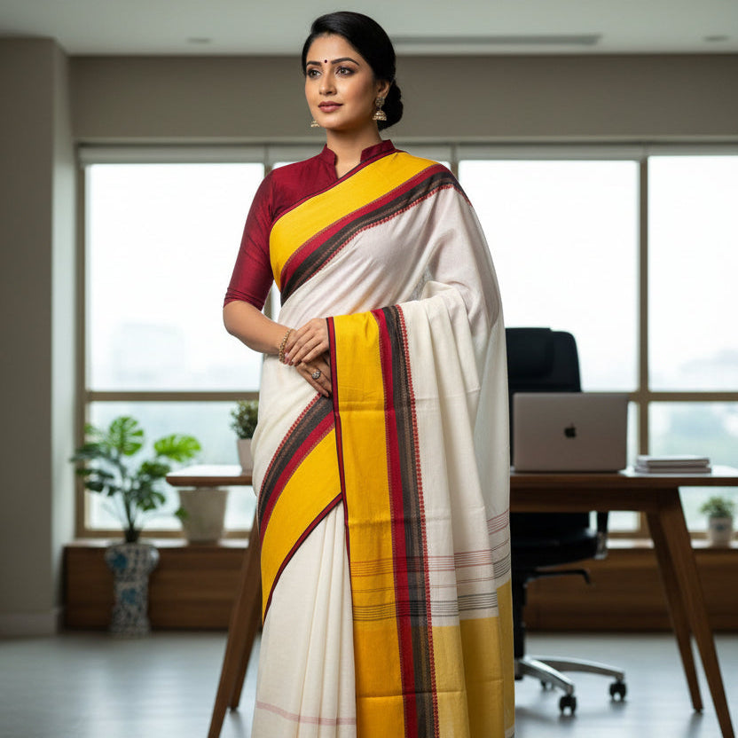 White Cotton Saree Bold Red Border