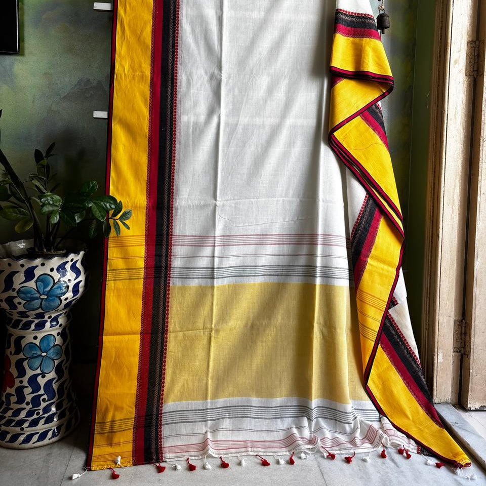 White Cotton Saree Bold Red Border