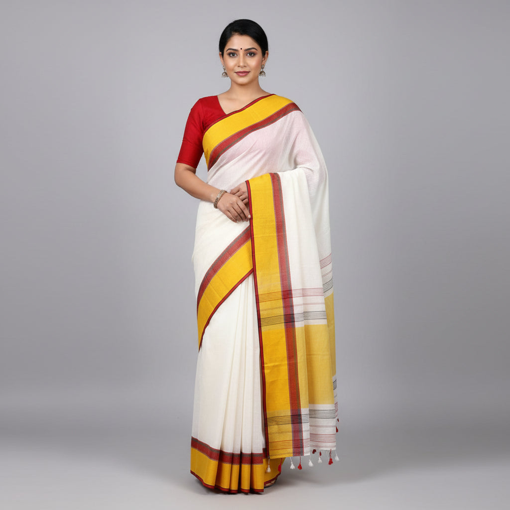 White Cotton Saree Bold Red Border
