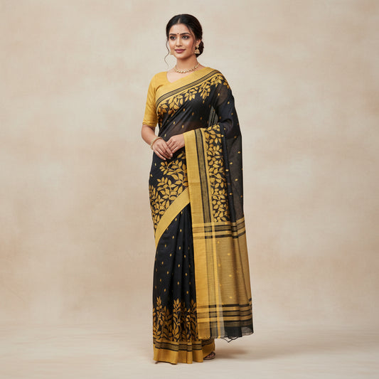 Black-Mustard Cotton Jamdani Saree