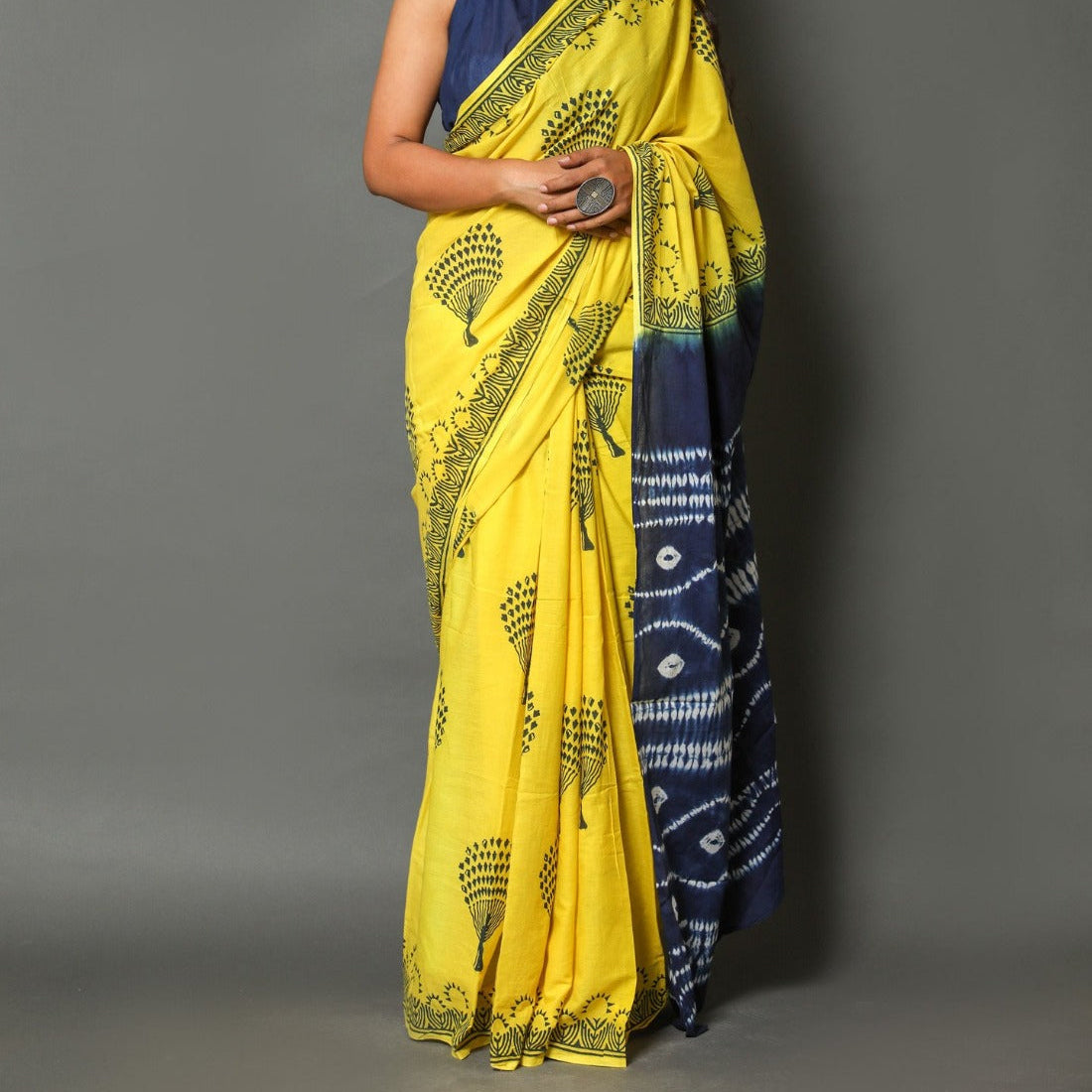 Yellow Mul Cotton Workwear Saree