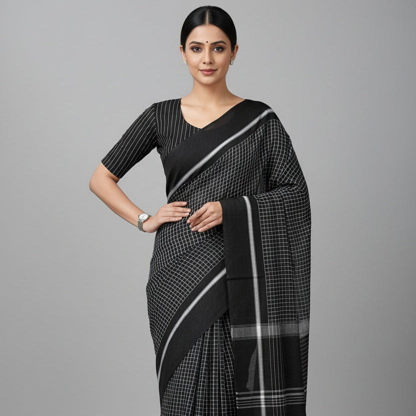 Black Cotton Check Workwear Saree