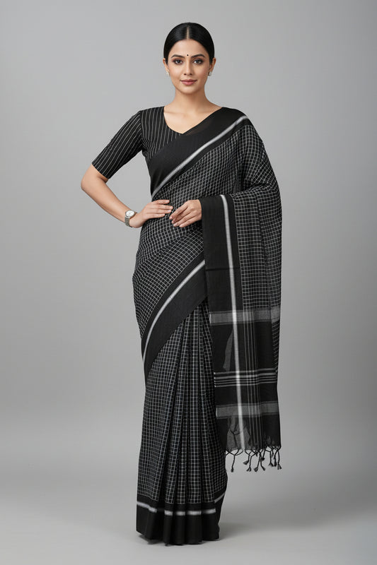 Black Checks Khadi Cotton Saree