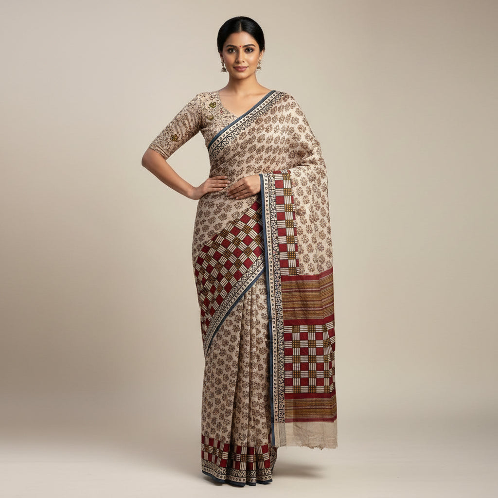 Beige Mul Cotton Handblock Workwear Saree