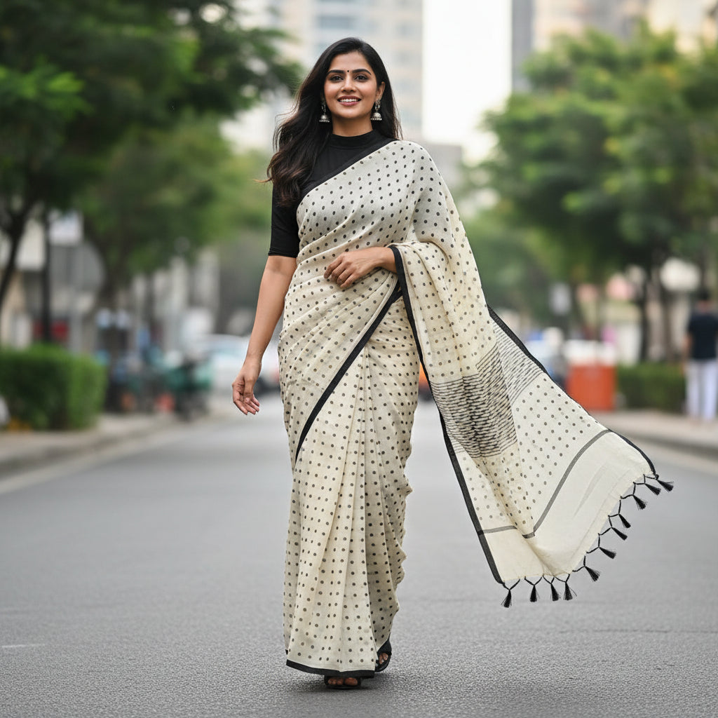 Polka Beige Mul Cotton Saree