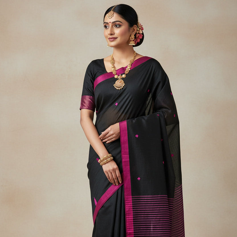 Black Soft Cotton Workwear Saree