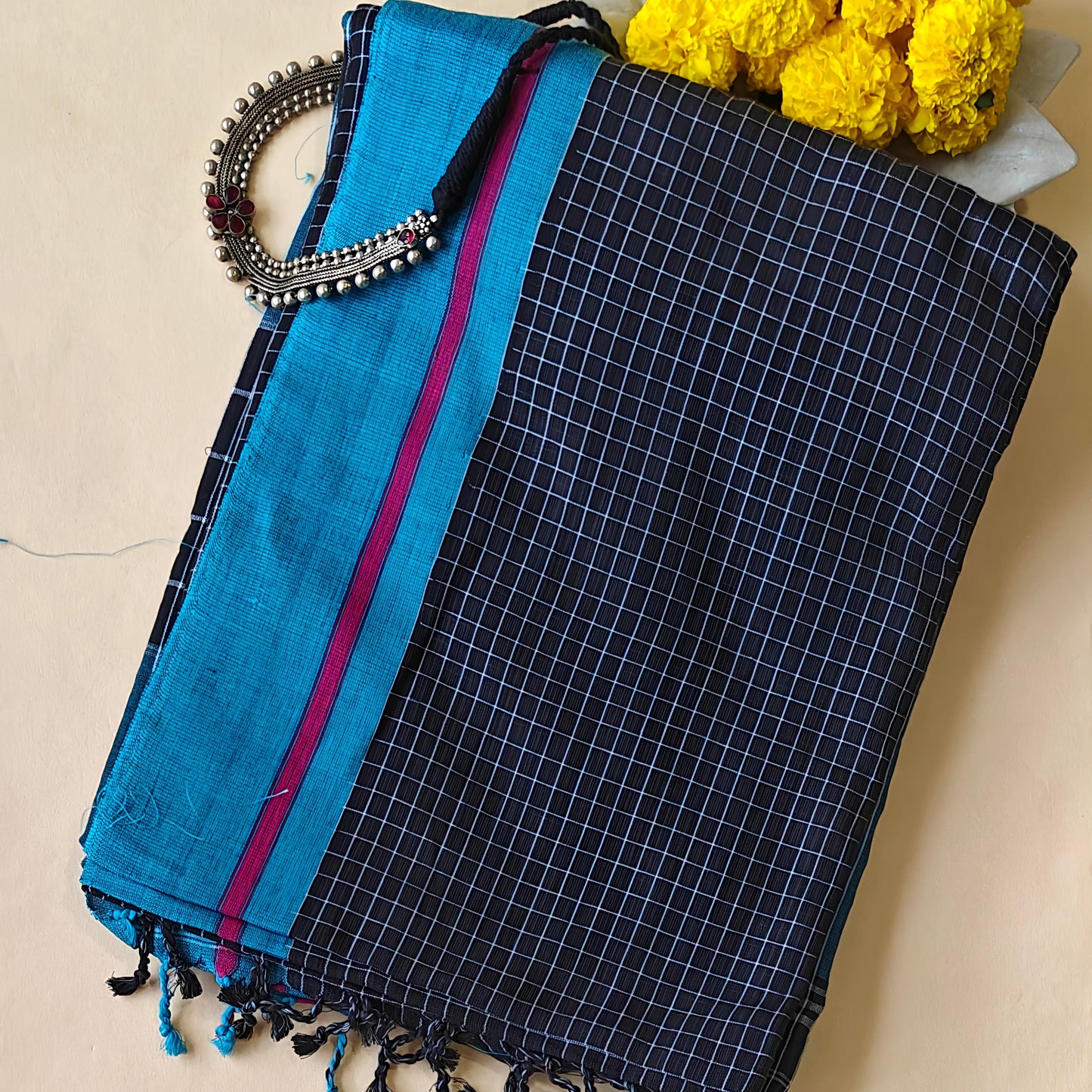Black-Blue Cotton Check Workwear Saree