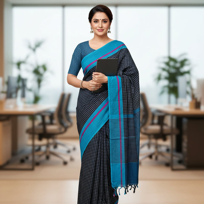 Black-Blue Cotton Check Workwear Saree