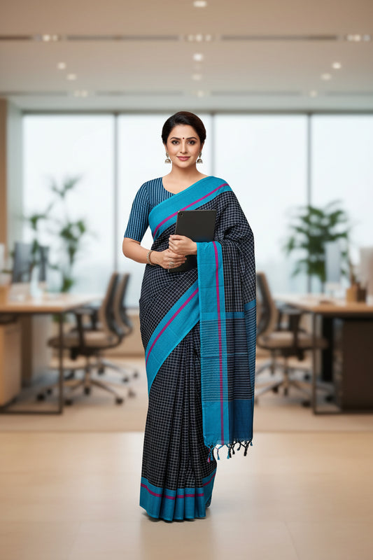 Black Checks Khadi Cotton Saree