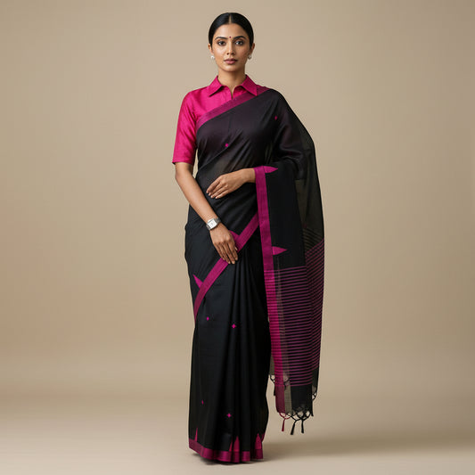 Black Soft Cotton Workwear Saree