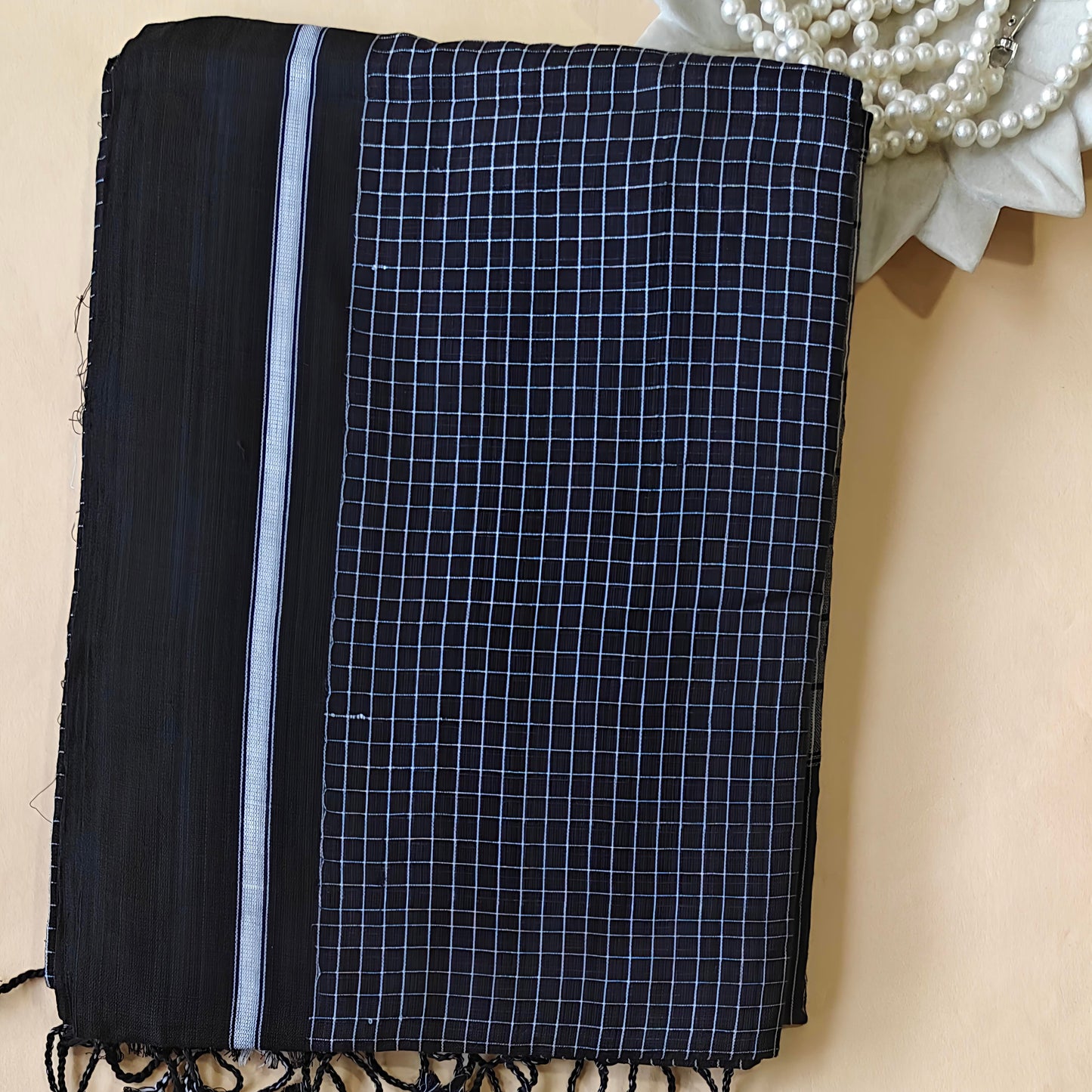 Black Cotton Check Workwear Saree