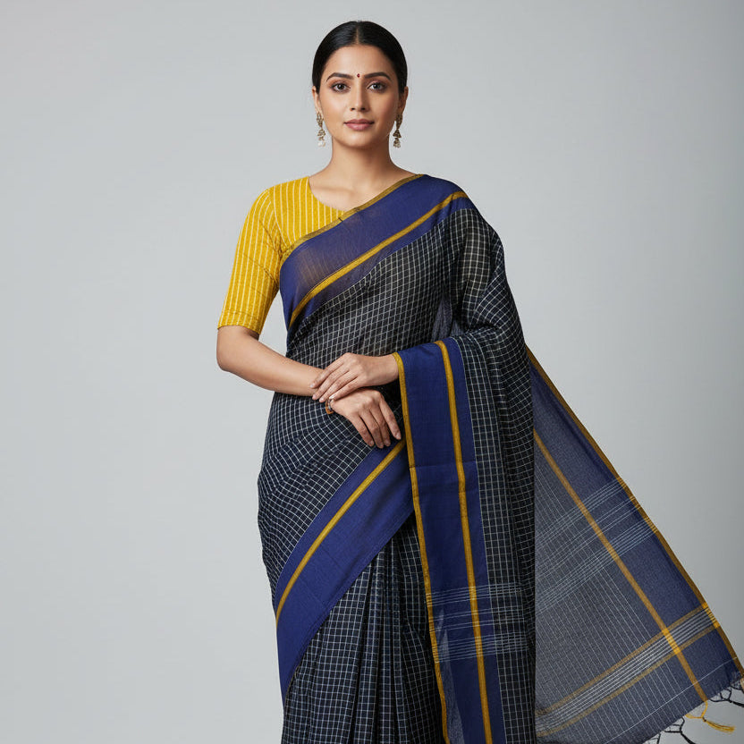 Black Cotton Check Workwear Saree