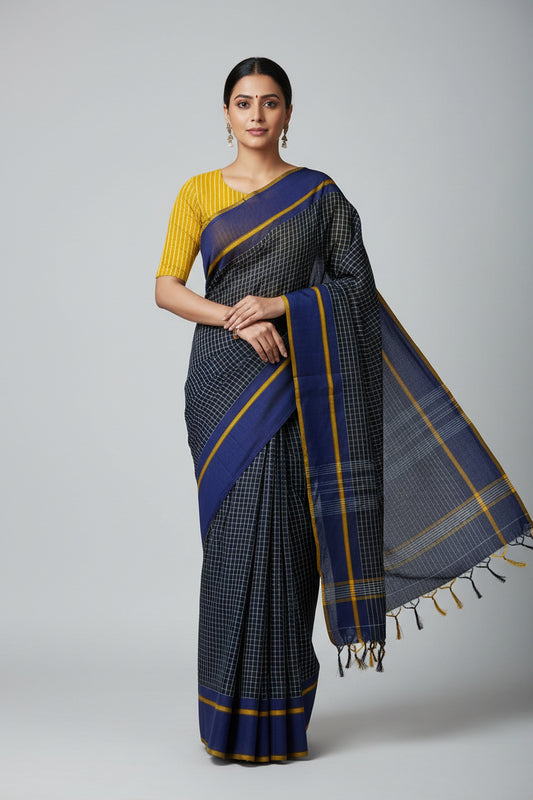 Black Checks Khadi Cotton Saree