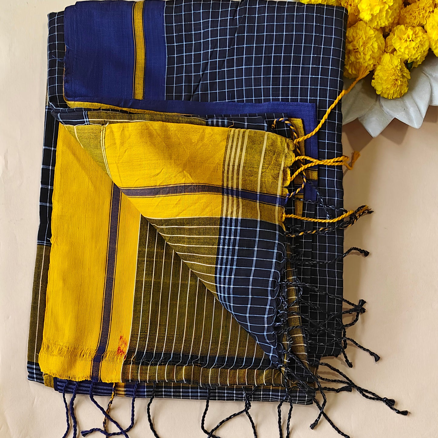 Black Cotton Check Workwear Saree
