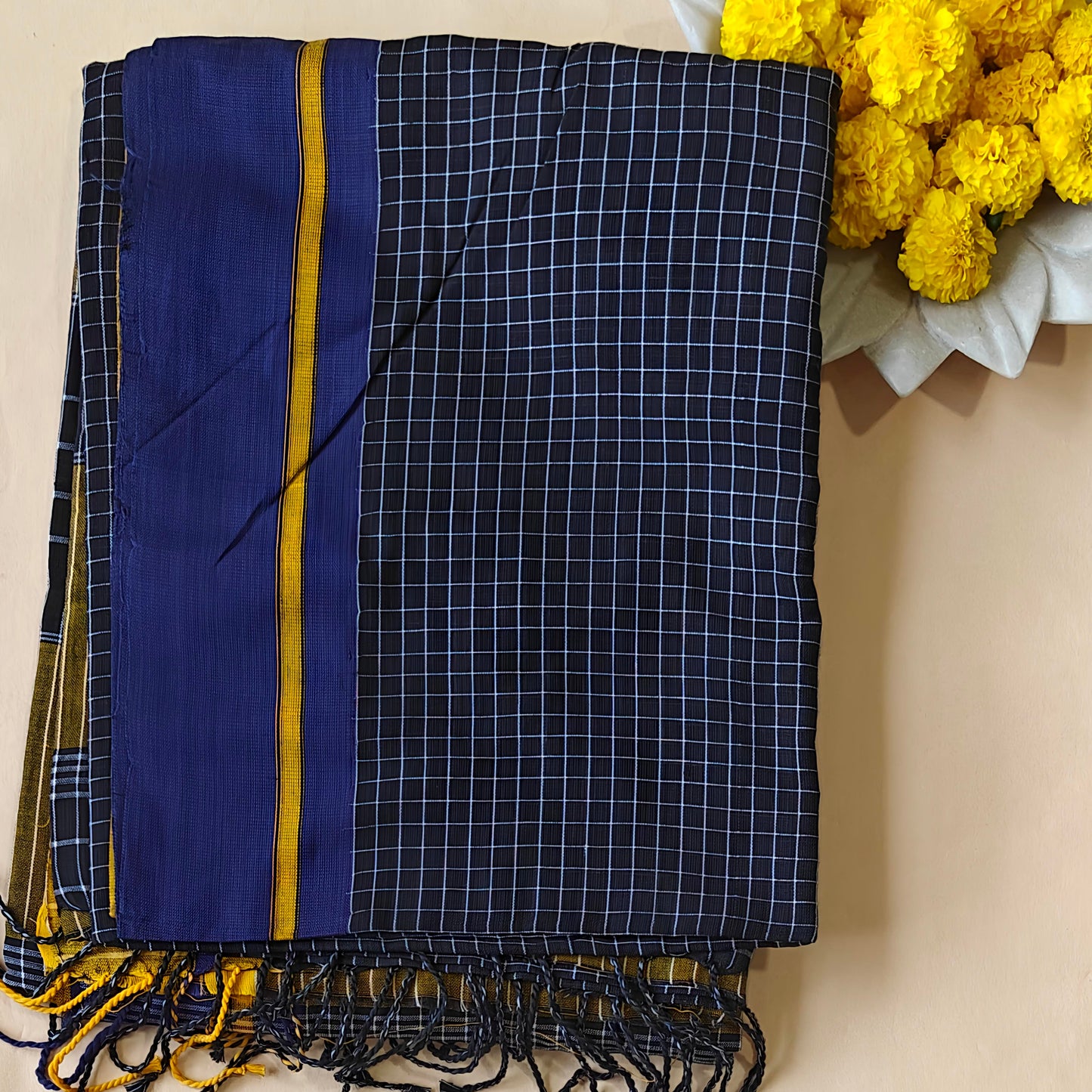 Black Cotton Check Workwear Saree
