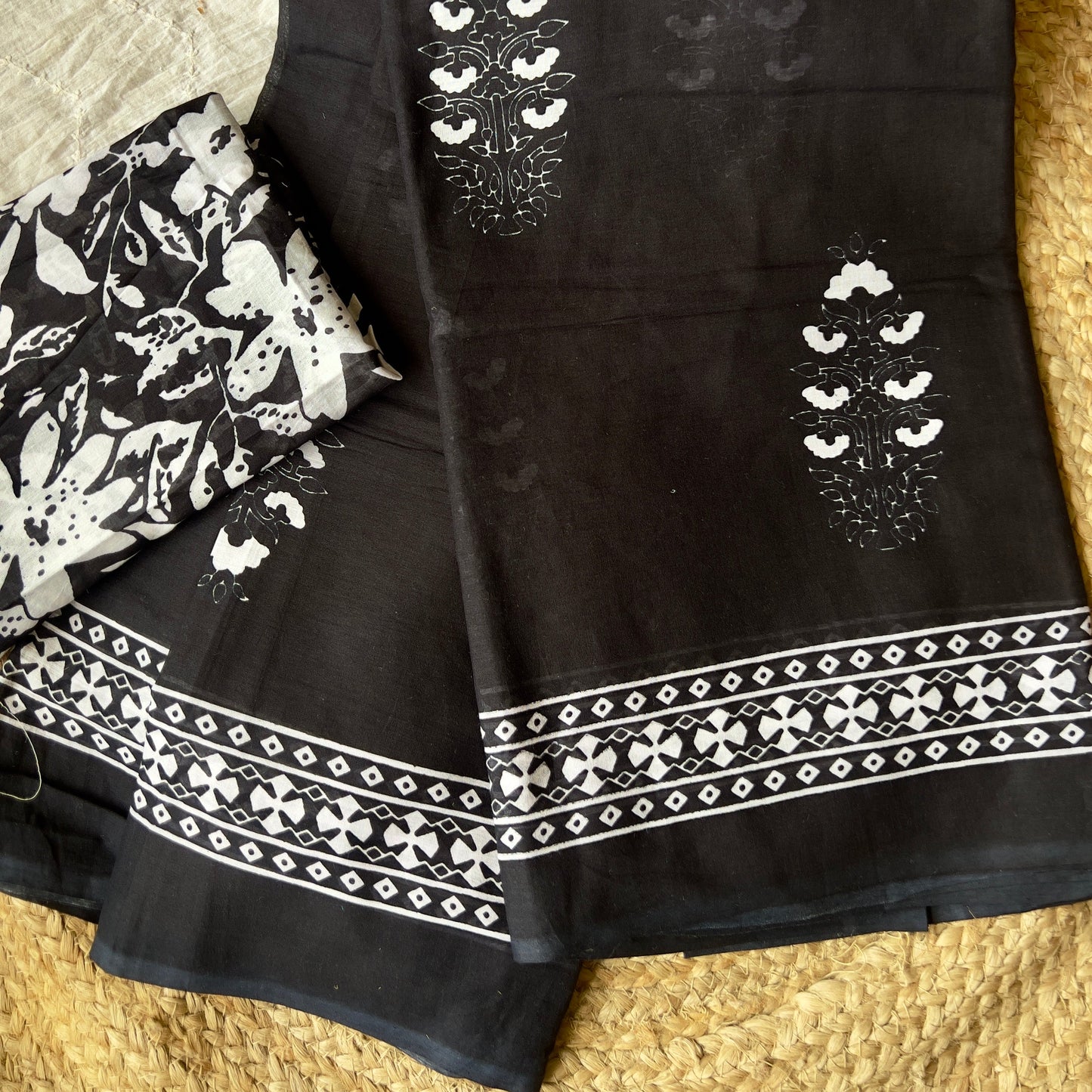 Black Handblock Mul Cotton Workwear Saree