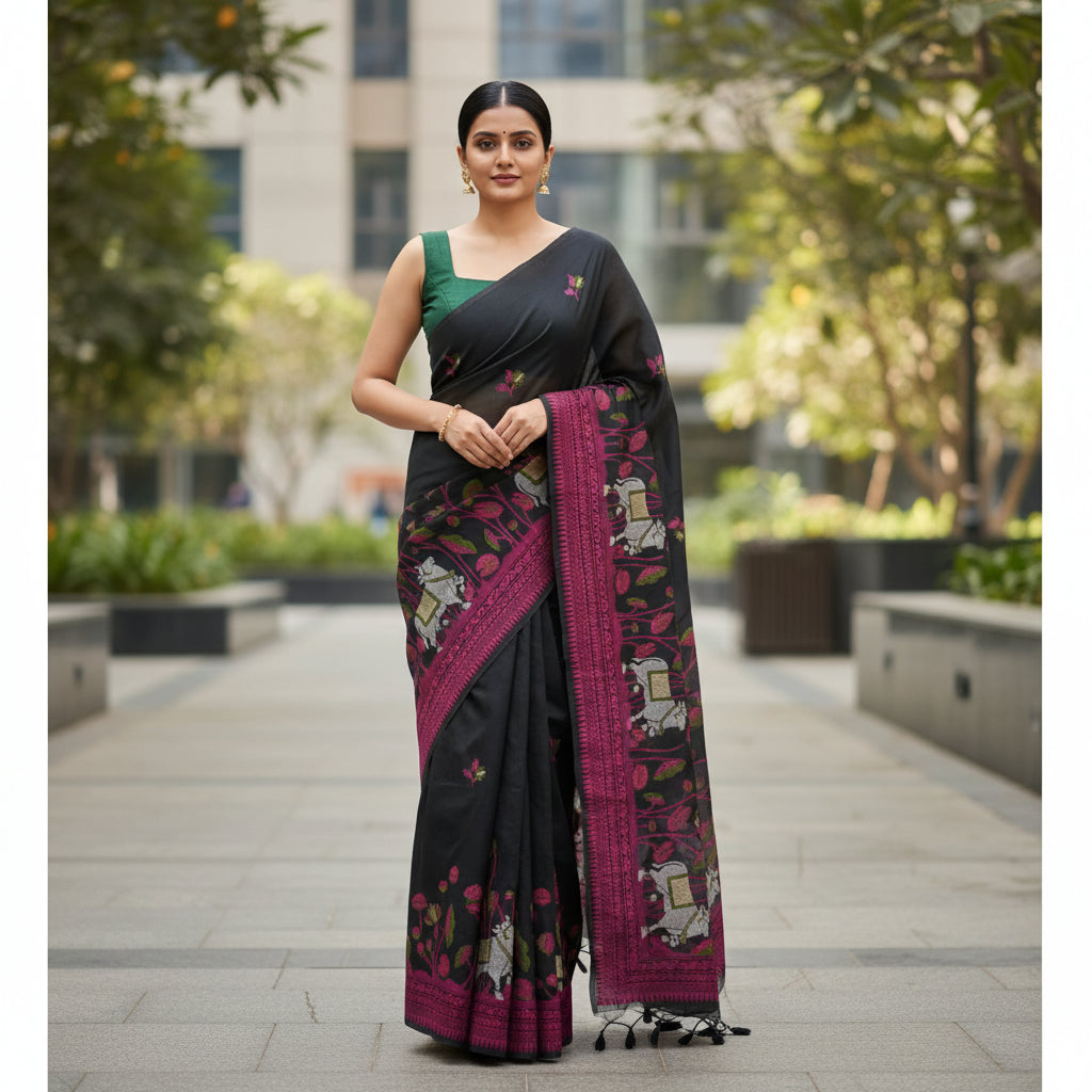Black Muga Cotton Silk Pichwai Workwear Saree