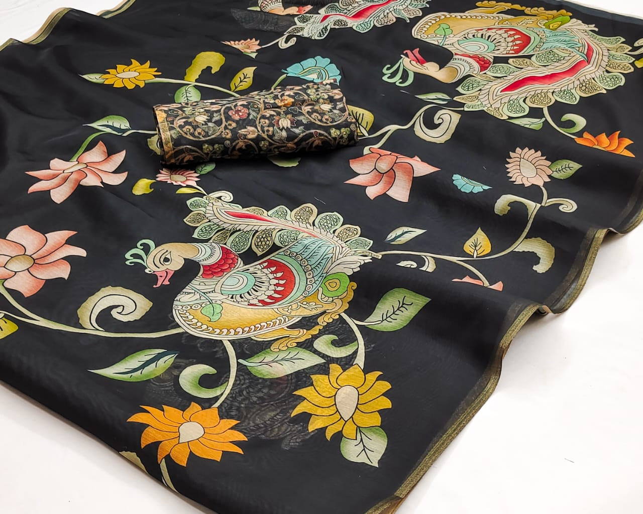 Black Kalamkari Muga Cotton Silk Workwear Saree
